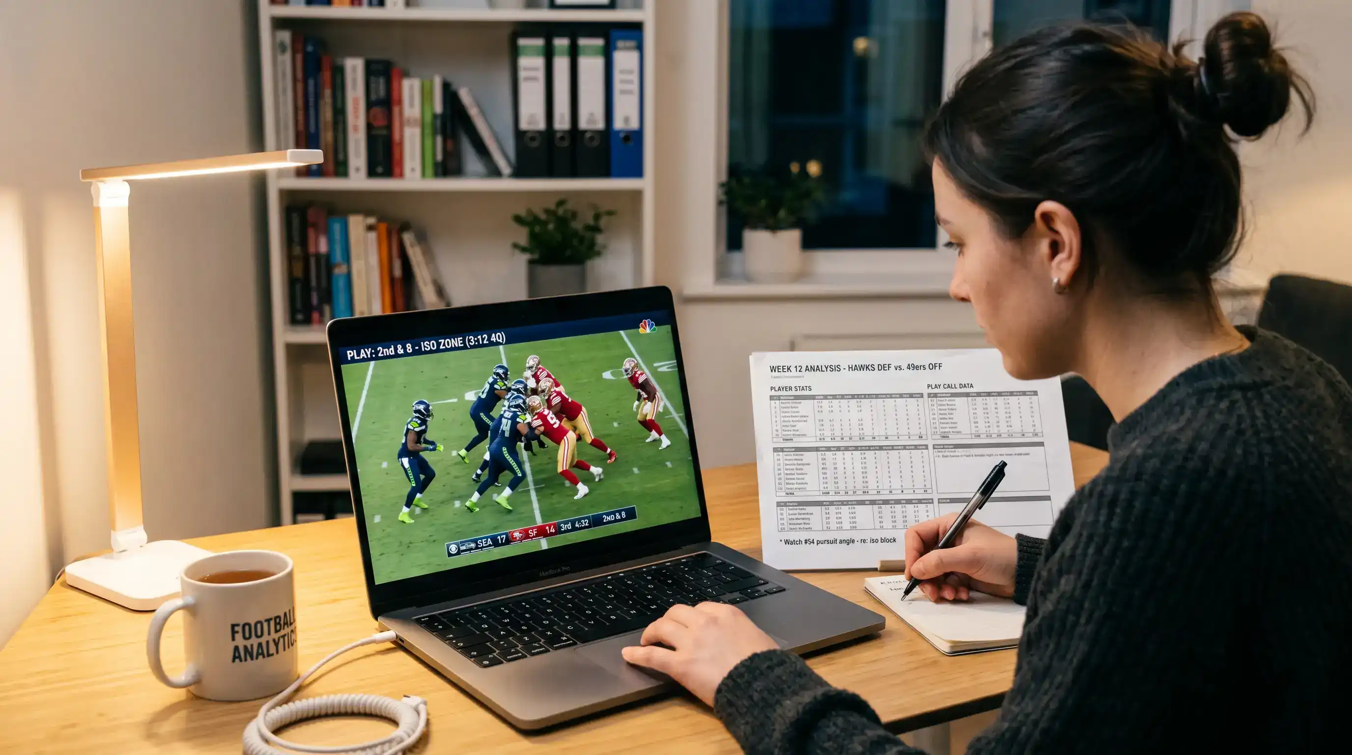 Analista de apuestas NFL evaluando factores antes de un partido de fútbol americano