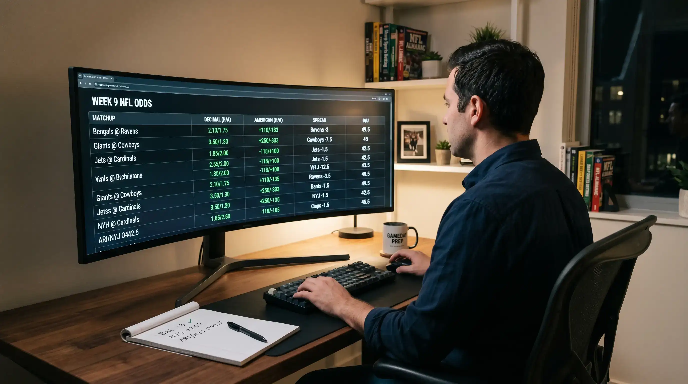 Analista revisando cuotas de la NFL en formatos decimal y americano en un monitor